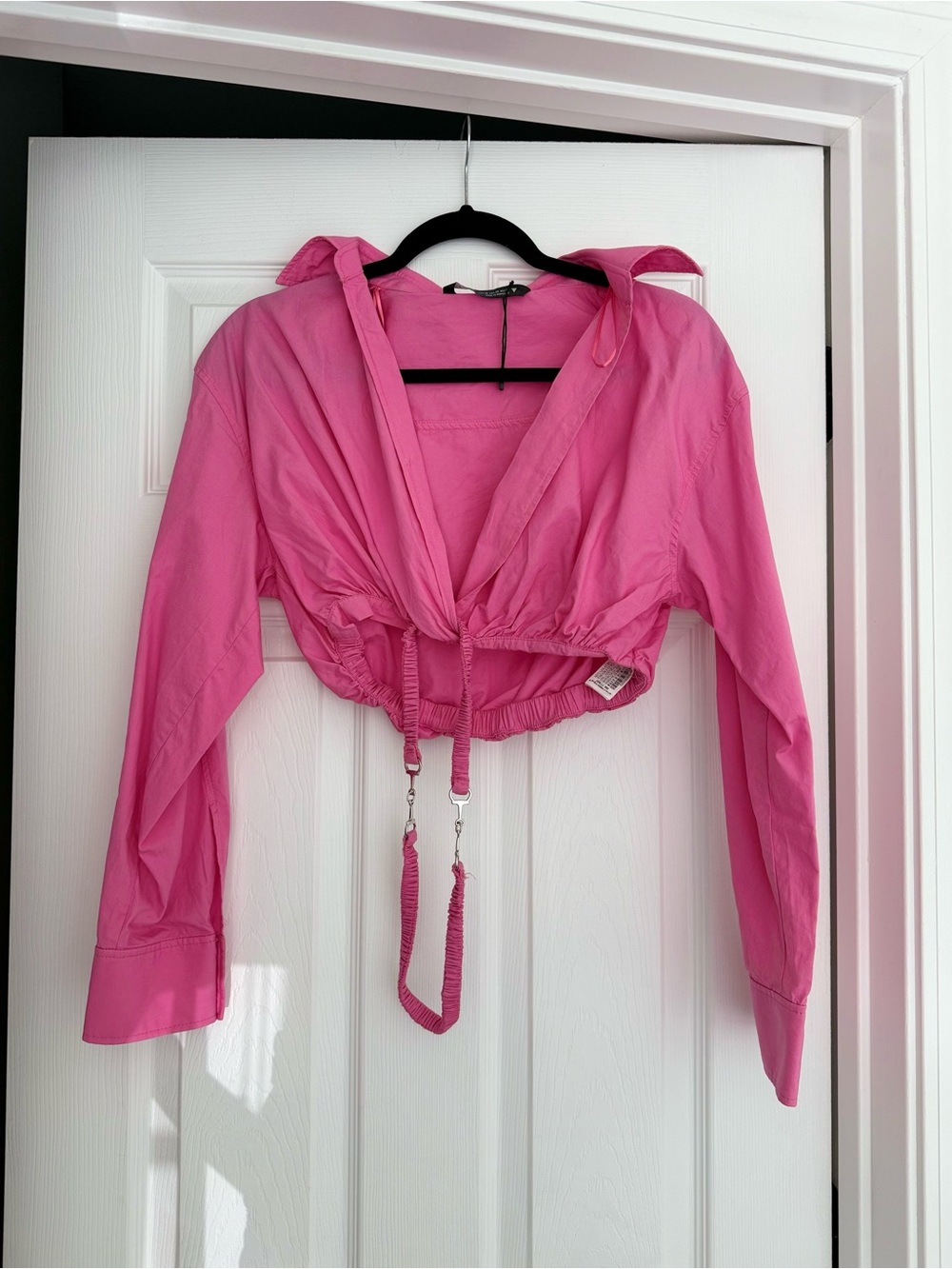 Zara Hot Pink Cropped Drawstring Shirt with waist detail